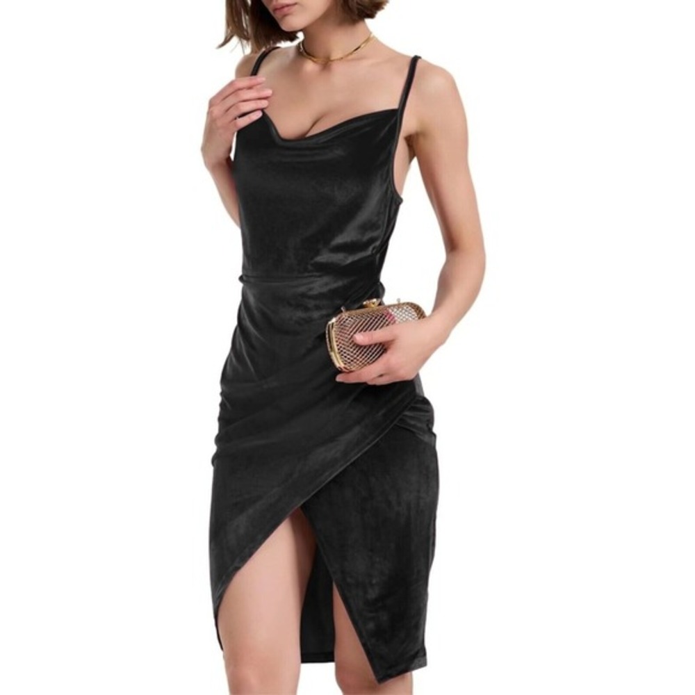Flamingals Velvet Dress V Neck Spaghetti Strap Bodycon Wedding Birthday Ruched M - Picture 2 of 5